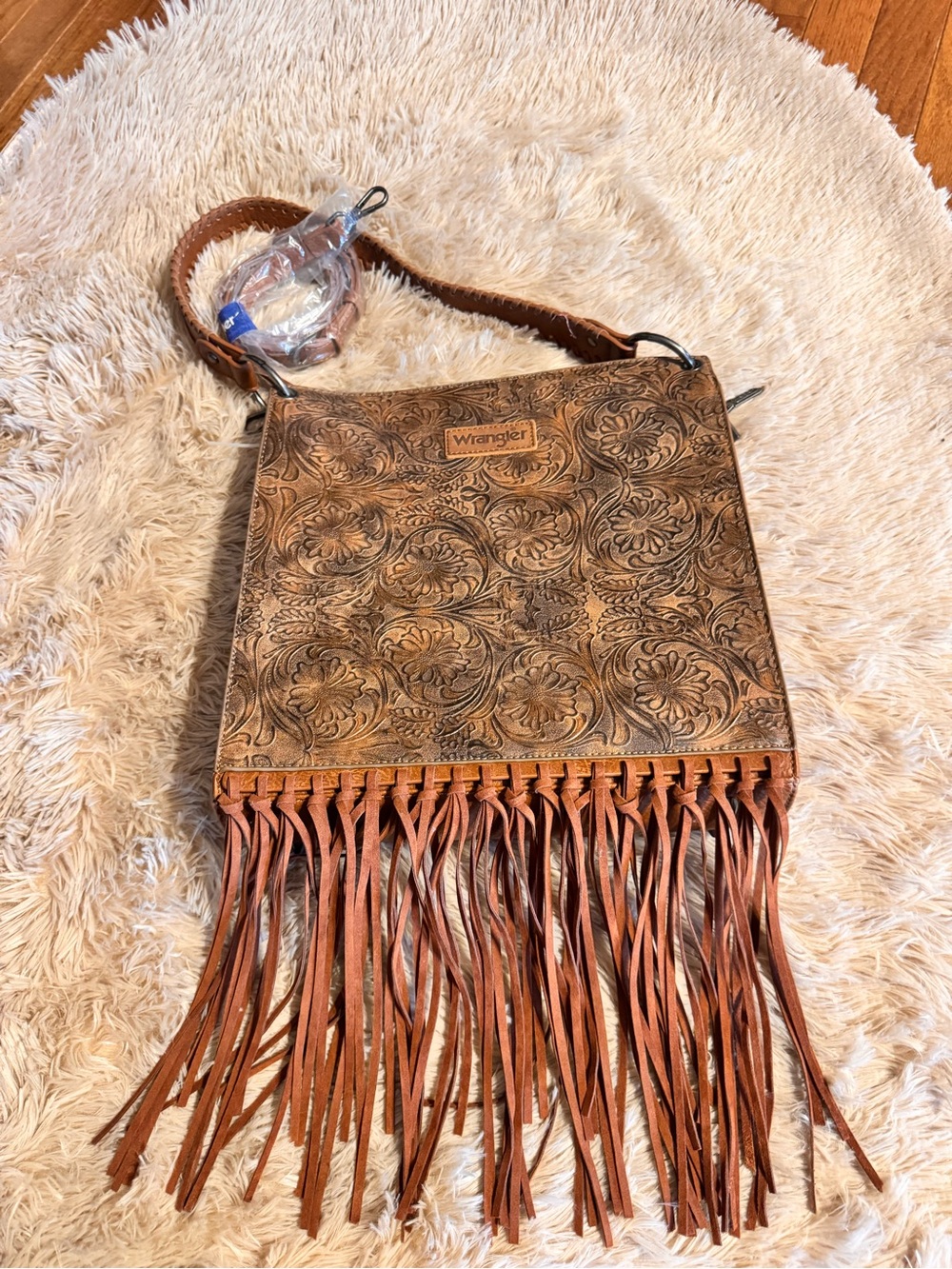 Wrangler Tan Brown Tooled Fringe Shoulder Bag